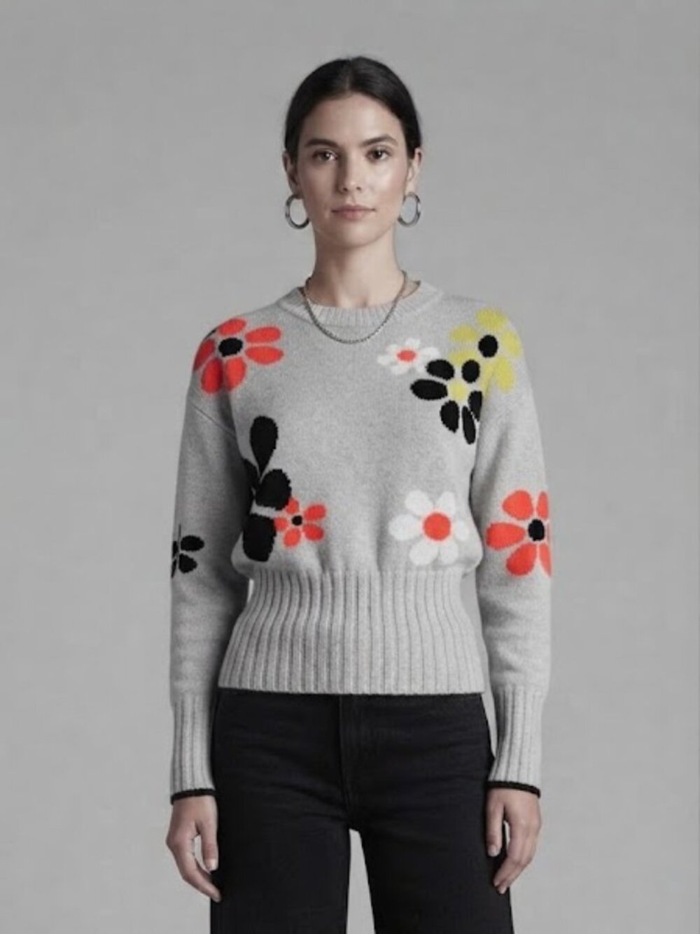WISPR Tan & Multi-Color Neon Floral Intarsia Crewneck Sweater Cotton Silk Blend